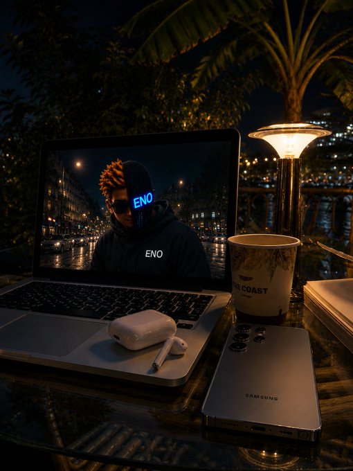 A nighttime desk setup featuring a laptop displaying a person with "ENO" over their face, a Starbucks cup, AirPods, an Apple Pencil, and a Samsung phone, with a lit lamp and a view of water and city lights in the background.
