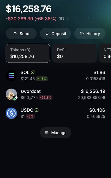 A screenshot of a cryptocurrency wallet interface showing a balance of $16,258.76, with a significant drop of -$30,286.39 (-65.38%) in 1D, listing holdings including SOL ($1.86), swordcat ($16,256.49, -66.2%), and USDC ($0.406).