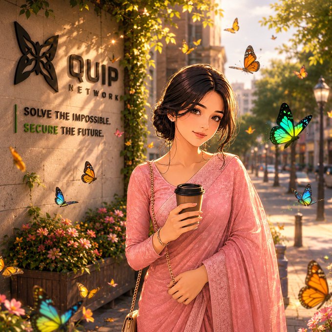 An anime-style illustration of a woman in a pink sari holding a coffee cup, with colorful butterflies surrounding her and a wall behind reading 'QUIP NETWORK - SOLVE THE IMPOSSIBLE. SECURE THE FUTURE.'