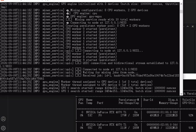 A terminal window displays mining logs from QuQuc and QuIC services connecting to node 127.0.0.1:9833, with workers running on an NVIDIA GeForce RTX 4070 Ti (showing 4070 MiB memory usage and 92-91% GPU utilization) at a throttle of 19.95%. This corresponds to the Quantus Network mining operation being successfully launched and actively running on the user's hardware.