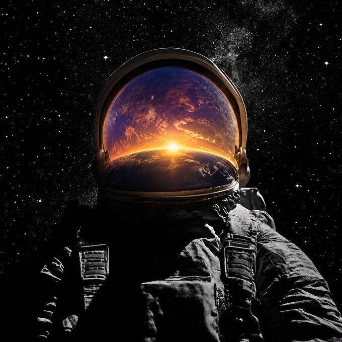 An astronaut stands against a starry cosmic backdrop, their helmet visor reflecting a stunning view of a planet at sunrise with golden light cresting its horizon—evoking a sense of exploration and wonder that mirrors the adventurous, forward-looking spirit of the "GM onchain explorers" weekend greeting.