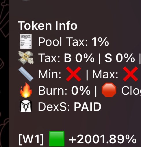 A token information panel displays key metrics including a 1% pool tax, 0% buy/sell tax, no min/max limits, 0% burn rate, and a paid DexS status, with a green indicator showing [W1] +2001.89% gains—visually reinforcing the "Green chain" post by highlighting the token's strong upward performance.