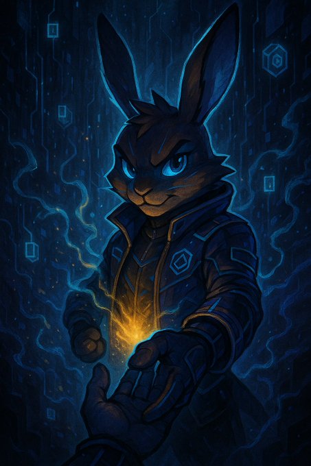 A dark, cyber-themed digital illustration shows an anthropomorphic rabbit with glowing blue eyes wearing a high-tech jacket, holding out a glowing golden token toward the viewer, set against a circuit-board backdrop. The image visually ties to the crypto airdrop post by symbolizing the "$RABBIT" token being offered to commenters, with the rabbit character extending the glowing coin as if delivering the promised $100 reward.