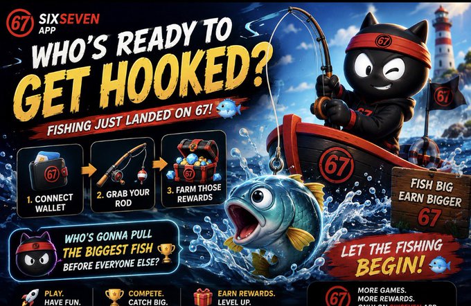 A promotional poster for the 'SIX SEVEN APP' with the headline 'WHO'S READY TO GET HOOKED?' advertising a new fishing game feature with a cartoon ninja cat mascot.
