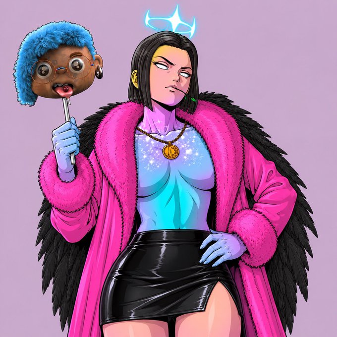 A confident, stylishly dressed character with purple skin, a glowing halo, and a pink fur-lined coat holds up a severed head with blue hair on a stick. The bold, edgy artwork teases an upcoming reveal on @GlitchcraftSa, matching the cryptic "something yuuge is coming" hype.