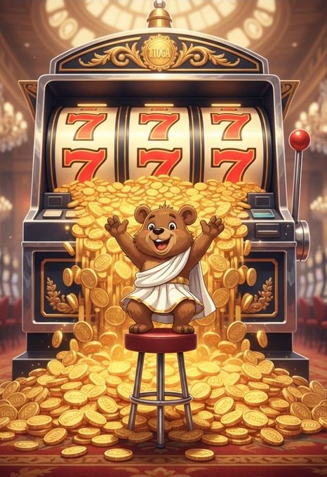 An illustration shows a smiling cartoon bear wearing a white toga sitting on a red stool in front of a slot machine displaying triple 7s, surrounded by piles of gold coins.
