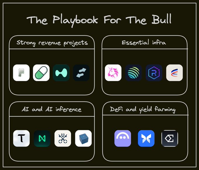 A digital infographic titled 'The Playbook For The Bull' categorizing crypto projects into 'Strong revenue projects,' 'Essential infra,' 'AI and AI inference,' and 'DeFi and yield farming.'