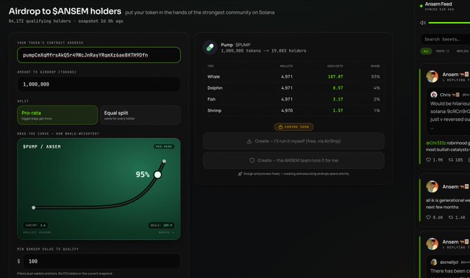 A screenshot of the "Airdrop to $ANSEM holders" page on ansem.info, showing the Pump/ANSEM airdrop allocation tool with 84,172 qualifying holders, a snapshot from 24 hours ago, 1,000,000 tokens being airdropped, and a Pro-rata distribution set at 95%, alongside wallet statistics for Whale (95%), Dolphin (4%), Fish (1%), and Shrimp (1%) categories.
