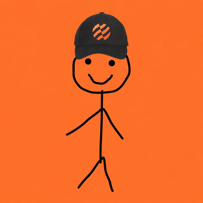 A simple stick figure with a smiling face wears a black baseball cap featuring an orange logo, set against a solid orange background.