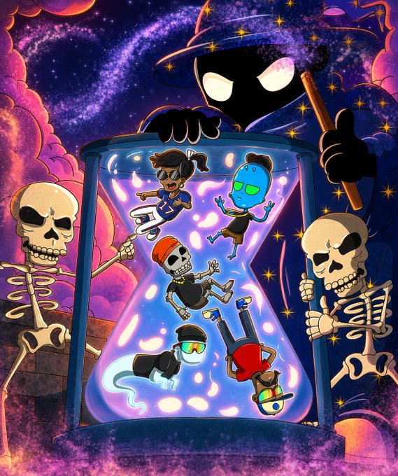 Colorful illustration showing a skull with sunglasses holding a glowing hourglass containing characters, flanked by two skeletons in a cosmic purple setting.