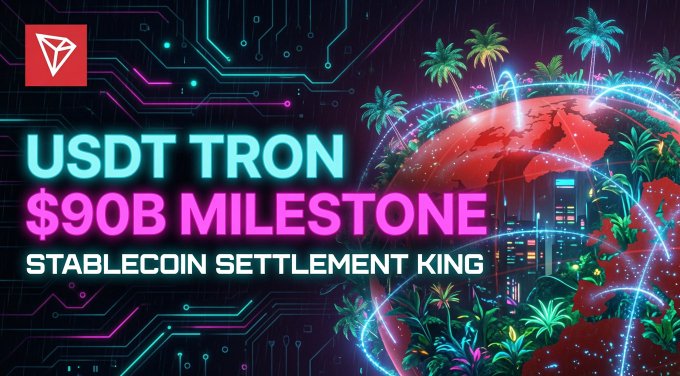A graphic announcing 'USDT TRON $90B MILESTONE - STABLECOIN SETTLEMENT KING' featuring the Tron logo and a neon-lit globe with palm trees.