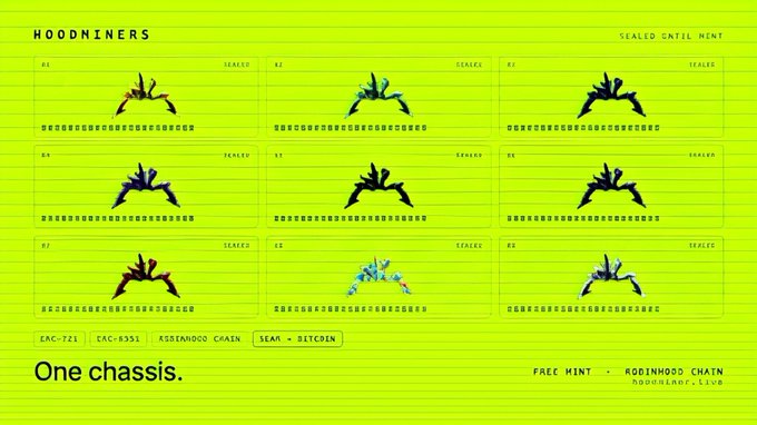 A neon green graphic for 'HOODMINERS' displaying nine variations of a leaf-like NFT character, labeled with traits like 'SEALED' and 'SEALER,' noting 'One chassis' and 'FREE MINT' on 'RODINHOOD CHAIN'.