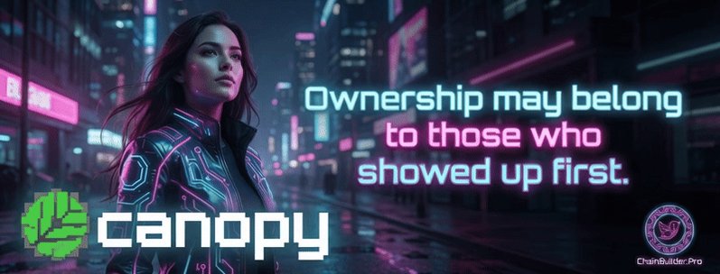 The image features a woman standing in front of a cityscape at night, with neon lights illuminating the scene. The text "Ownership may belong to those who shown up first" is displayed above her head. This quote suggests that the person who posted this image might be interested in measuring how many likes or shares their post receives, and they are proud of it if it gets a lot of attention.