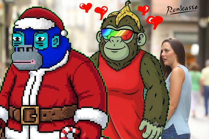 A cartoon illustration signed 'PonKassa' depicting a pixel-art Santa-clad monkey and a rainbow-sunglasses-wearing gorilla surrounded by hearts, edited into a street photo next to a surprised-looking woman.