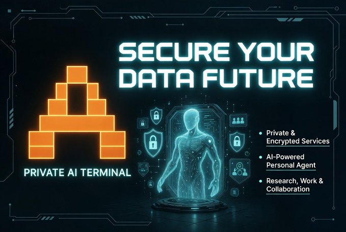 The image shows an animated illustration of a man's body with various colored blocks surrounding him, creating an abstract representation of the internet. Above this, there is a text box that reads "secure your data future" followed by a list of private AI services in the same font as the rest of the text. The primary focus should be on understanding how personal data is handled online and whether the AI terminal depicted has any security measures or protocols in place to protect user data.