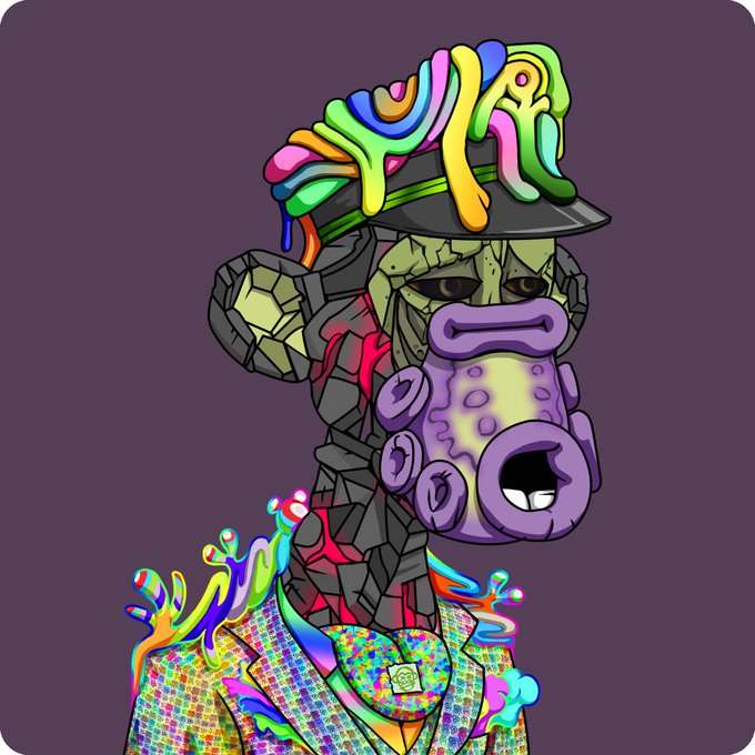 Colorful, surreal NFT-style character featuring a mushroom-like hat with rainbow drips, a purple tentacled gas mask, and cracked stone skin against a dark purple background.