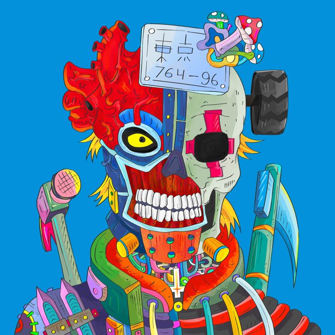 A vibrant digital illustration features a cyborg or zombie-like character with mechanical parts, mushrooms growing from its head, and a license plate reading '764-96' against a blue background.