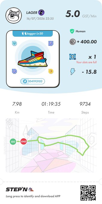 A STEPN app screenshot showing a sneaker NFT with stats: 'LAGER', '5.0 GST/Min', 'Jogger Lv30', '#104193103', earnings '+400.00', distance 7.98 Km, time 01:19:35, and 9734 steps.