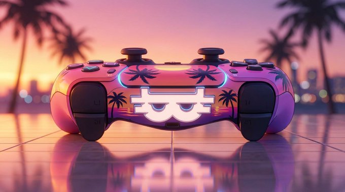 A glowing pink and purple gaming controller with palm tree graphics and an illuminated logo sits on a reflective surface against a tropical sunset, complementing the post's message about making gaming easier and onboarding smoother for everyone.