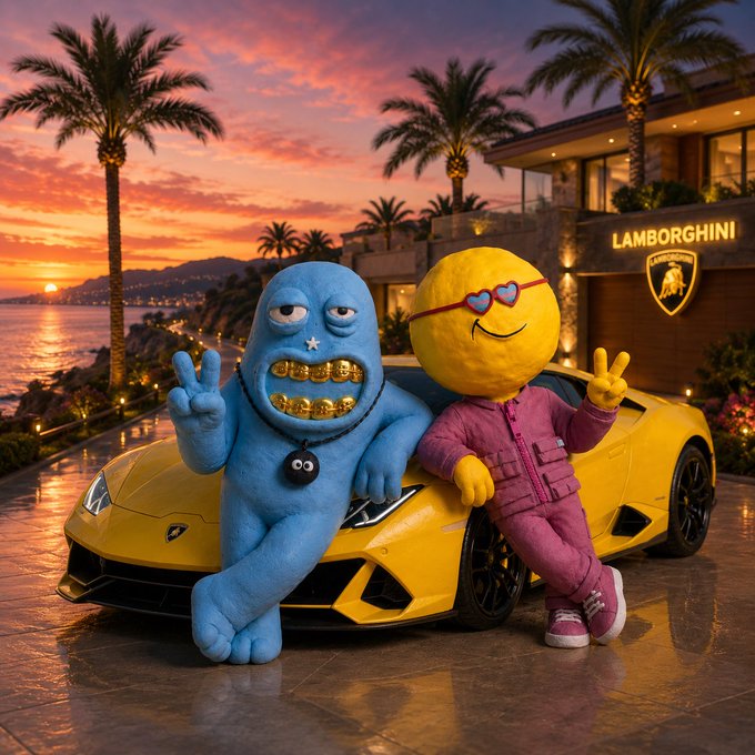 Two colorful characters—one blue with gold teeth and one yellow with heart-shaped sunglasses—pose in front of a yellow Lamborghini at a sunset beachfront villa.