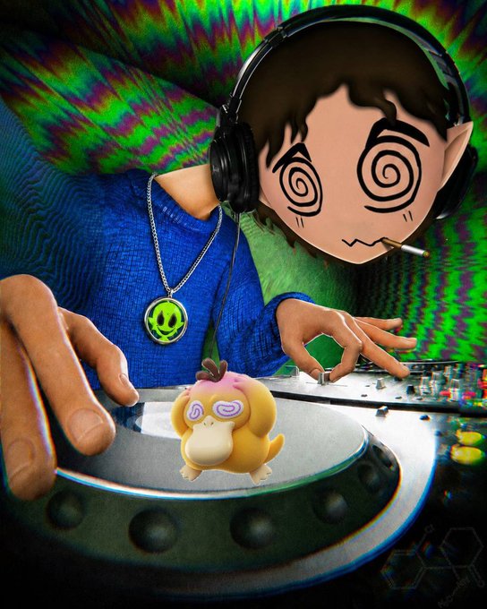 A chaotic, psychedelic digital artwork featuring a wide-eyed character wearing headphones and a grin necklace DJing on a turntable, with a small creature (Psyduck) on the record and distorted green visuals in the background.