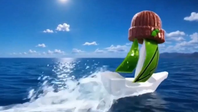 A 3D animation showing a green cactus wearing a brown knit cap surfing on a small ice floe through ocean waves under a sunny sky.