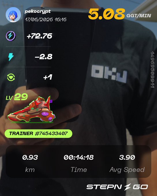 The image shows a person wearing a black shirt, holding up their phone displaying a fitness app that tracks their running progress. The app provides information about their speed, distance traveled, and time spent running. The person appears to be engaged with the app's features as they look at it closely.
