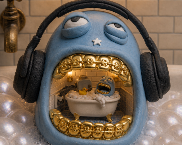 A 3D-rendered, surreal sculpture of a light blue, sleepy-eyed blob creature wearing black headphones, with its large open mouth revealing a miniature bathroom scene of a tub and another blue character with gold teeth.