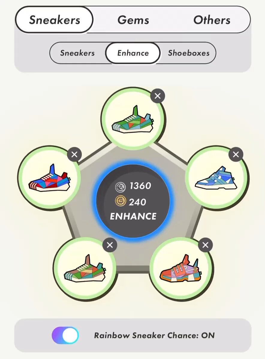 The image shows a collection of six different colored sneakers, each with unique designs, arranged in two rows of three. There are also descriptions for each sneaker, including "Rainbow Sneakers", "Enchant", and "Other Sneakers". The post suggests that there is a chance to win the championship by choosing one of these sneakers at random.