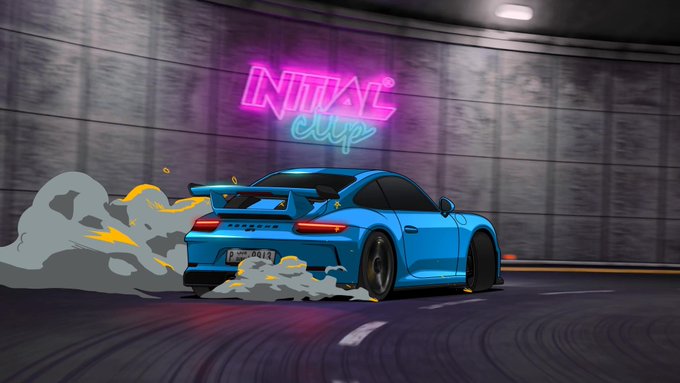 Digital illustration of a blue Porsche 911 drifting in a tunnel, producing tire smoke and sparks, with a pink neon 'NITIAL club' sign on the concrete wall and a license plate reading 'MO-0418'.