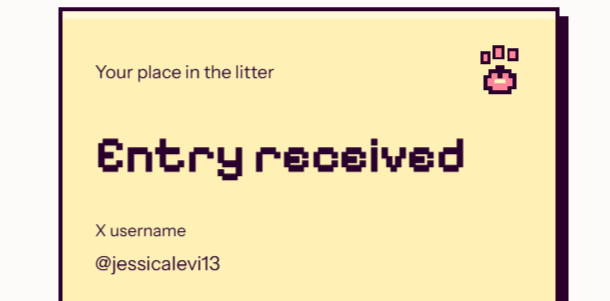 A pixel-art confirmation screen displays "Your place in the litter: Entry received" for user "X username @jessicalev113," indicating her successful whitelist (WL) application for the @Zeccatnft NFT collection featuring small pixels and big cat energy.