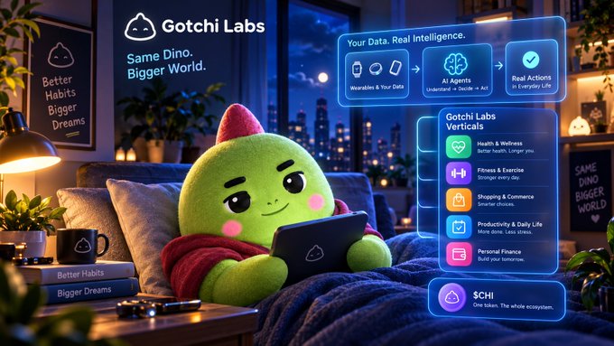 A promotional image for Gotchi Labs featuring a green dinosaur mascot on a couch using a tablet, with text 'Same Dino. Bigger World.' and verticals including AI Agents, Health & Wellness, Fitness & Exercise, Shopping & Commerce, Productivity, Personal Finance, and the $CHI token.