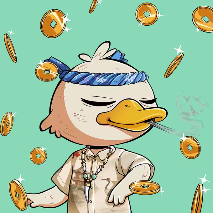 The image features a cartoon duck wearing a bandana, holding up gold coins while smoking a cigarette. The background consists of numerous gold coins scattered around the scene. There are also some text elements present that seem unrelated to the main focus on the cartoon duck and its actions with the coins.