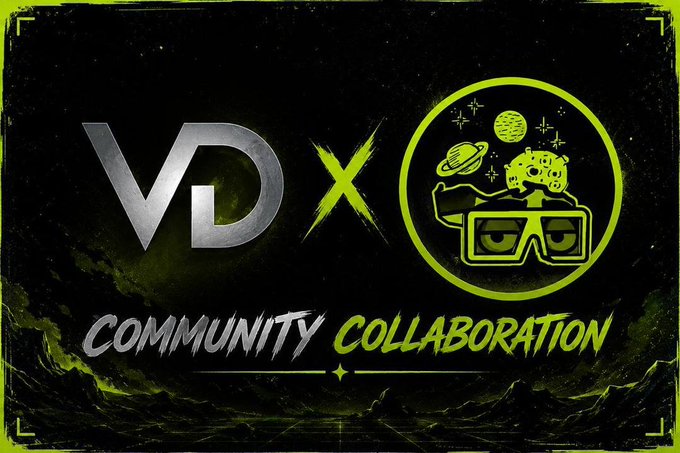 A promotional graphic displays "VD X" and "COMMUNITY COLLABORATION" in silver and neon green text next to a circular logo featuring a cartoon character with VR goggles and floating planets against a dark background.