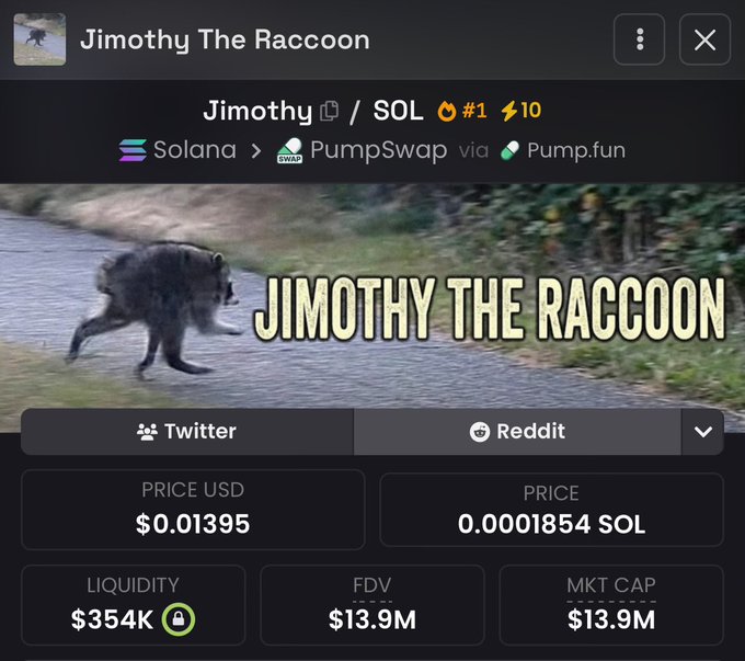 A cryptocurrency token page for 'Jimothy The Raccoon' ($JIMOTHY) on Solana via PumpSwap/Pump.fun, showing the #1 trending token with price USD $0.01395, 0.0001854 SOL, liquidity $354K, FDV $13.9M, and market cap $13.9M, featuring an image of a raccoon running on a road.