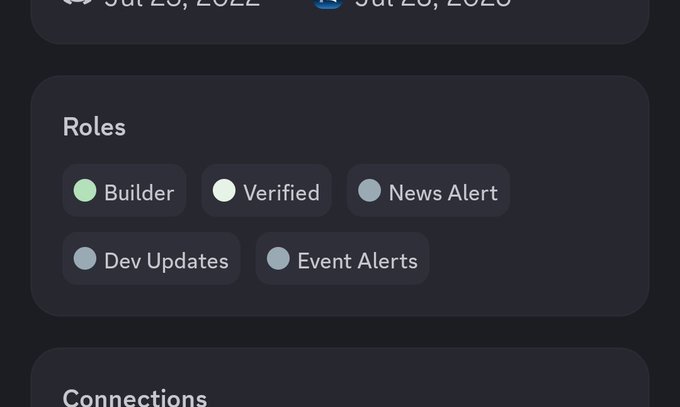 The image shows a Discord profile snippet with the "Builder" role actively selected, correlating with the user's accomplishment of earning this role within the @arc ecosystem after two months of learning.