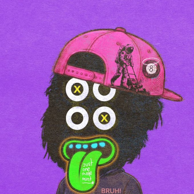 Illustration of a furry character wearing a pink cap with "Just one more mint" written on a green tongue, and "BRUH!" at the bottom.