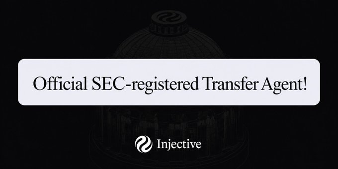 The image displays an announcement with the text "Official SEC-registered Transfer Agent!" alongside the Injective logo, set against a dark background featuring a subtle architectural dome illustration. It visually reinforces the post's breaking news that Injective has become an official SEC-registered transfer agent, marking it as the first Layer 1 with regulated RWA infrastructure for institutional markets.