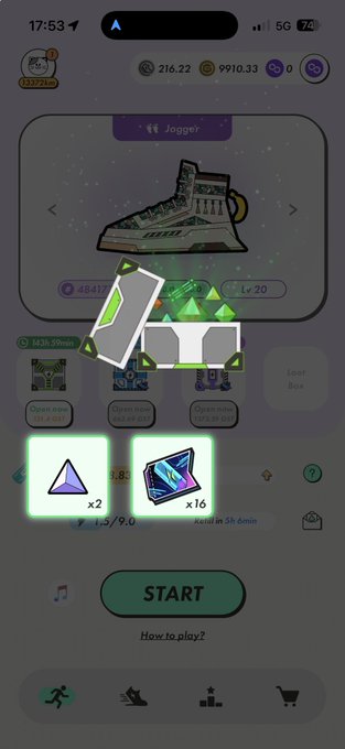 A mobile game screen titled 'Jogger' featuring a sneaker with a '42KM' display, showing resources including triangular gems (x2) and rectangular cards (x16) above a green 'START' button.