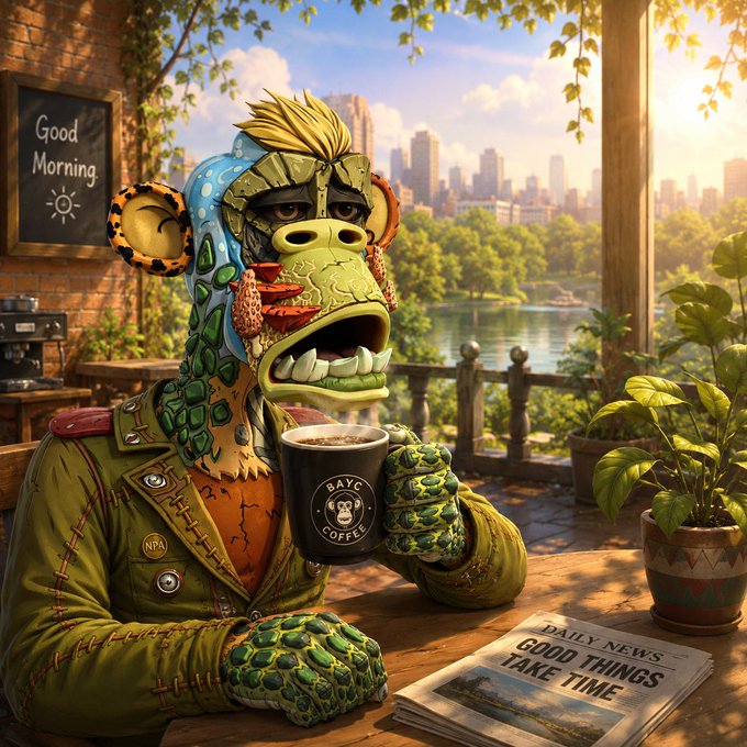 A reptilian humanoid character sits at a café table holding a "SAYC COFFEE" mug, with a chalkboard reading "Good Morning," a "Daily News - Good Things Take Time" newspaper, and a scenic riverfront cityscape in the background—fitting the post's warm Saturday greeting to the crypto community with its relaxed morning vibe and motivational message.