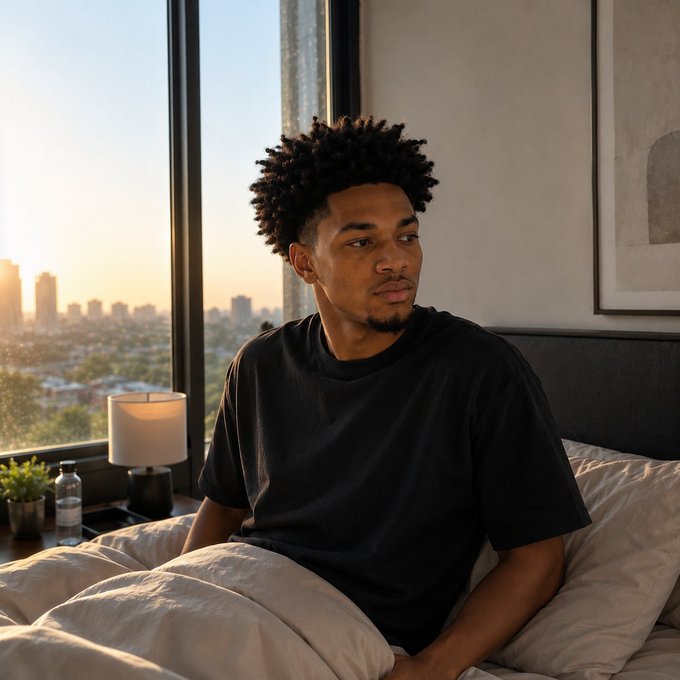 A young man with curly hair wearing a black t-shirt sits in bed next to a window overlooking a city skyline at sunset.