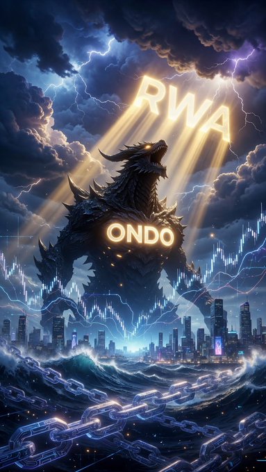 A colossal beast glowing with the words "RWA" and "ONDO" rises above a stormy cityscape, visually symbolizing Ondo Finance as a powerful, dormant "monster" of the real-world asset sector quietly building its empire.