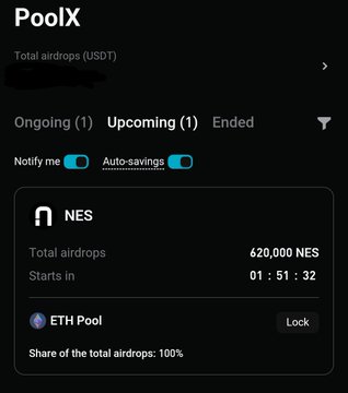 A mobile app screen for PoolX showing an upcoming NES token airdrop with 620,000 NES total airdrops, an ETH pool, and a countdown timer starting in 01:51:32.