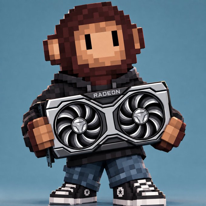 A 3D voxel-style character with brown hair holds a dual-fan Radeon graphics card across its chest.