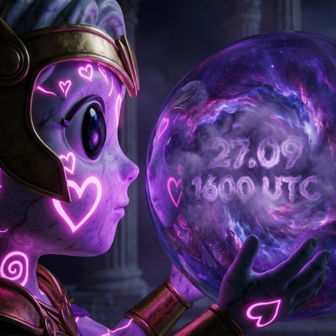 A digital fantasy artwork featuring a character with glowing pink heart markings holding a purple orb that displays the text '27.09 16:00 UTC'.