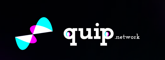 The image displays the Quip Network logo, featuring a stylized four-petal emblem in cyan, magenta, and white alongside the text "quip.network" in white on a black background. The branding visually represents the post's message about Quip's quantum-secure network being strengthened through adversarial cryptographer testing.