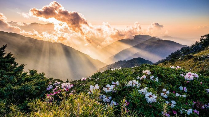 The image shows a beautiful mountain landscape with a sunset, where the sun's rays are shining through the clouds and illuminating the scene. The mountains have green vegetation at their base, adding to the overall beauty of the view. In the background, there is text that reads "GM GN @quipnetwork Don't be one of them Make the decision today for the @quipnetwork". This message seems to be related to the image's theme and could be a call to action or an encouragement to make decisions in life.
