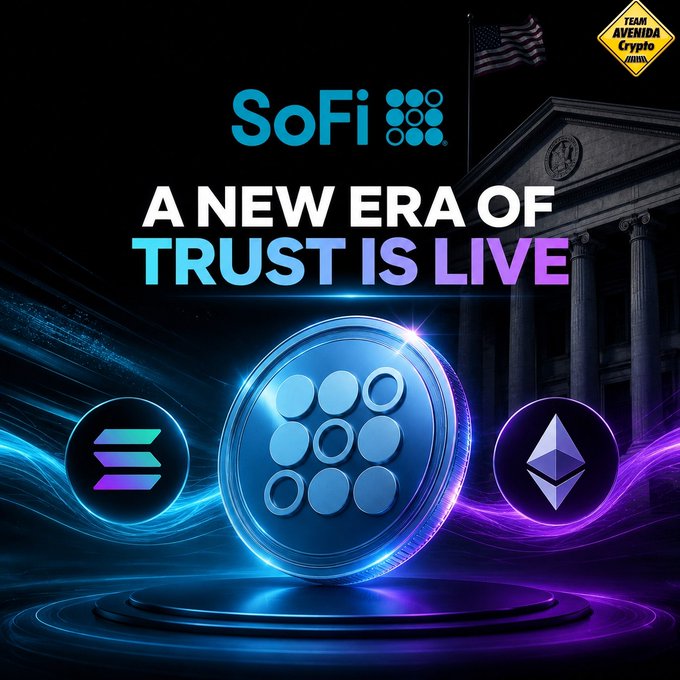 The image features a coin called Solana, which is part of the Ethereum blockchain. The text "SoFi" is written above the coin, indicating that it's a new era of trust is live for the cryptocurrency industry. The background shows an American flag flying in front of a building with columns and a dome, suggesting that this event might be taking place at the White House or another significant government building.