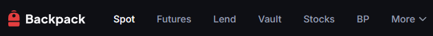 A dark navigation bar for the Backpack crypto exchange displays menu options including Spot, Futures, Lend, Vault, Stocks, BP, and More.