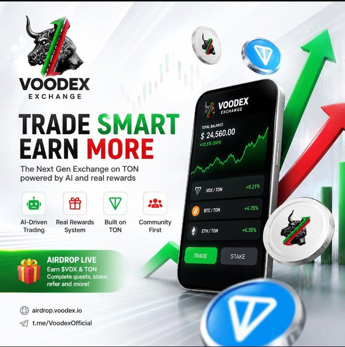 An advertisement for "Voodex Exchange" promoting "Trade Smart Earn More" as "The Next Gen Exchange on TON powered by AI and real rewards," featuring an airdrop offer and an app screenshot showing a balance of $24,560.00.